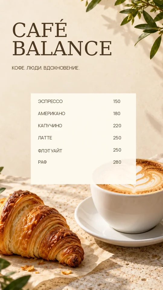 Меню кофейни